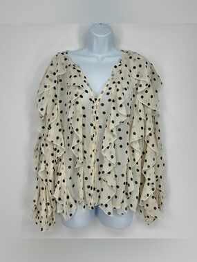 JS Millenium Polka Dot Ruffle Blouse V Neck Sheer Boho Statement Shirt Small S